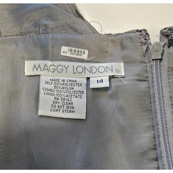 Maggy London Silver Gray Metallic Crinkle Sweetheart Shoulder Rosette Dress 14 ^ - Picture 5 of 9